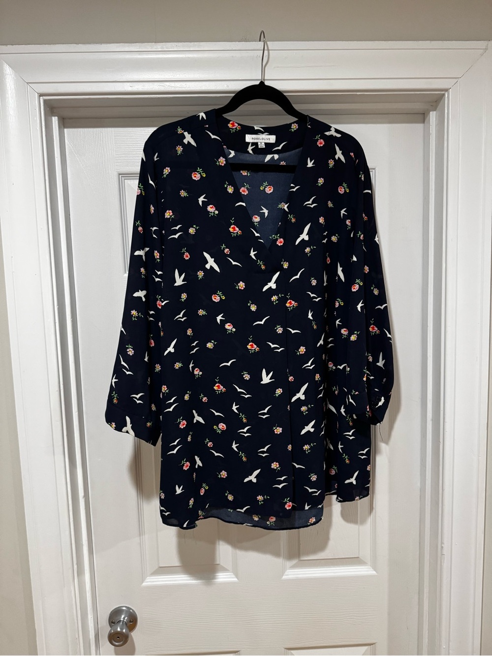 Rose & Olive Navy Floral and Bird Blouse